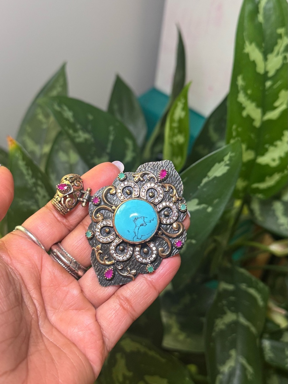 turkish ottoman sterling silver turquoise statement pendant.